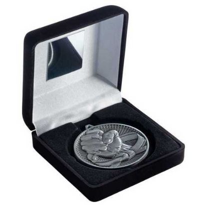 Picture of Black Velvet Box And 60mm Medal Martial Arts Trophy Antique Silver