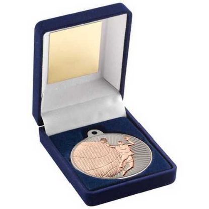 Picture of Blue Velvet Box And 50mm Basketball Medal Trophy Matt Silver~bronze