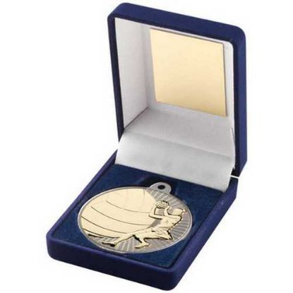 Picture of Blue Velvet Box And 50mm Netball Medal Trophy Matt Silver~gold