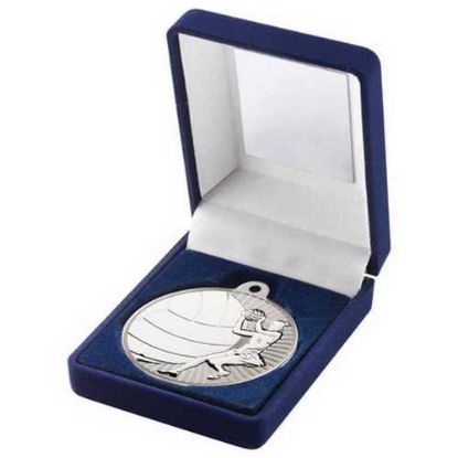 Picture of Blue Velvet Box And 50mm Netball Medal Trophy Matt Silver~silver