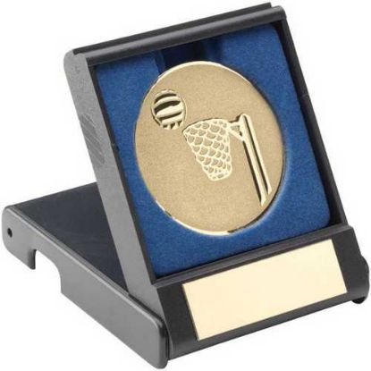 Picture of Black Plastic Box With Netball Insert Trophy Gold