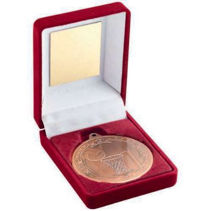 Picture of Red Velvet Box And 50mm Medal Netball Trophy Bronze