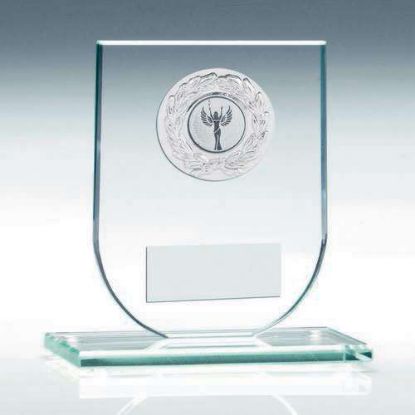 Picture of Jade Glass Shield Plaque With Silver Round Metal Trim Trophy (1in Cen)
