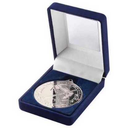 Picture of Blue Velvet Box And 50mm Medal Hockey Trophy Silver