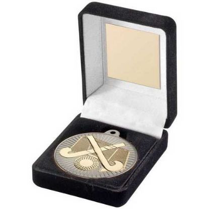 Picture of Black Velvet Box And 50mm Hockey Medal Trophy Matt Silver~gold