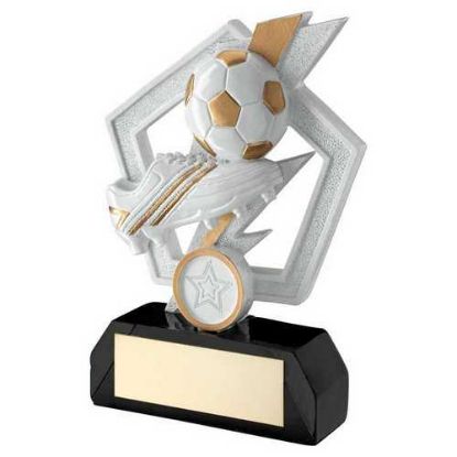 Picture of White|gold|blk Football And Boot On Flash Pentagon With Plate (1in Cen) - 5.25in