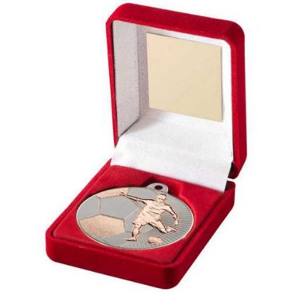 Picture of Red Velvet Box And 50mm Football Medal Trophy Matt Silver~bronze