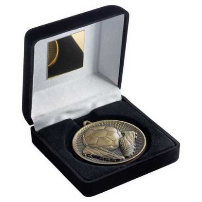 Picture of Black Velvet Box And 60mm Medal Football Trophy Antique Gold