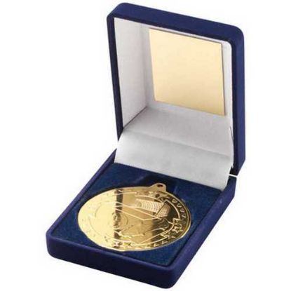 Picture of Blue Velvet Box And 50mm Medal Football Trophy Gold