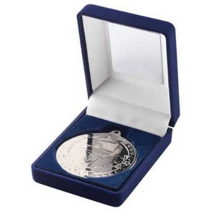 Picture of Blue Velvet Box And 50mm Medal Football Trophy Silver