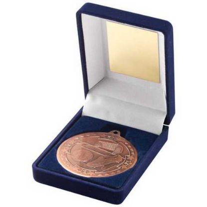 Picture of Blue Velvet Box And 50mm Medal Football Trophy Bronze