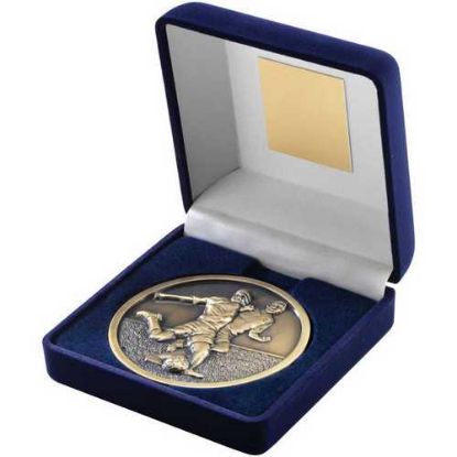 Picture of Blue Velvet Box And 70mm Medallion Football Trophy Antique Gold