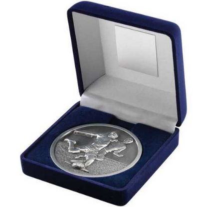 Picture of Blue Velvet Box And 70mm Medallion Football Trophy Antique Silver