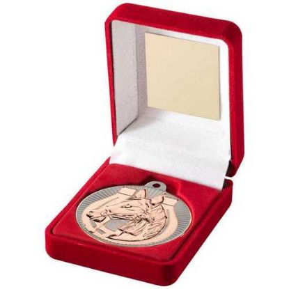Picture of Red Velvet Box And 50mm Horse Medal Trophy Matt Silver~bronze