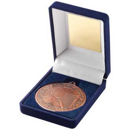Picture of Blue Velvet Box And 50mm Medal Tennis Trophy Bronze