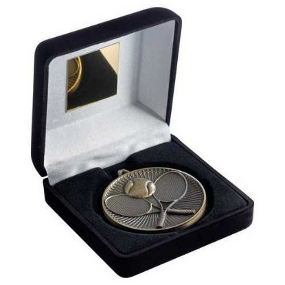 Picture of Black Velvet Box And 60mm Medal Tennis Trophy Antique Gold