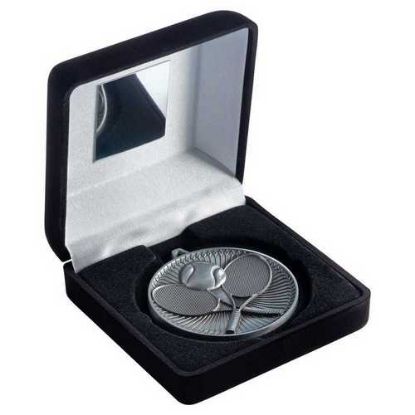 Picture of Black Velvet Box And 60mm Medal Tennis Trophy Antique Silver