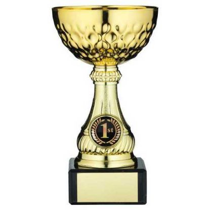 Picture of Gold Mini Assembled Trophy Cup With Plate (1in Centre) - 7.25in
