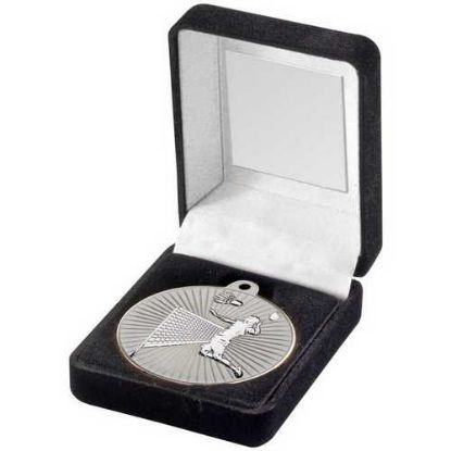 Picture of Black Velvet Box And 50mm Badminton Medal Trophy Matt Silver~silver