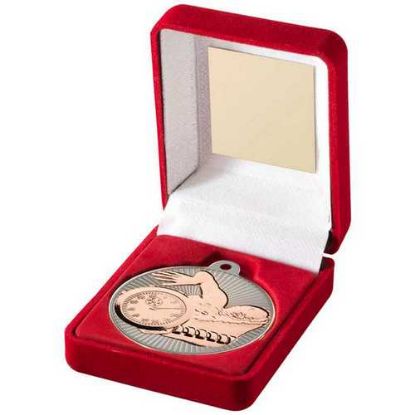 Picture of Red Velvet Box And 50mm Swimming Medal Trophy Matt Silver~bronze