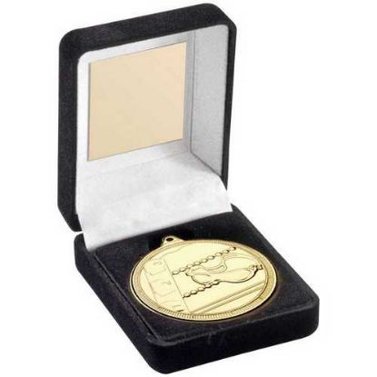 Picture of Black Velvet Box And 50mm Swimming Medal Trophy Gold