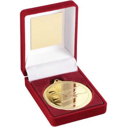Picture of Red Velvet Box And 50mm Medal Swimming Trophy Gold