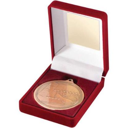 Picture of Red Velvet Box And 50mm Medal Swimming Trophy Bronze