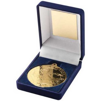 Picture of Blue Velvet Box And 50mm Medal Swimming Trophy Gold