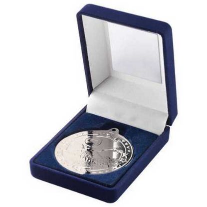 Picture of Blue Velvet Box And 50mm Medal Swimming Trophy Silver