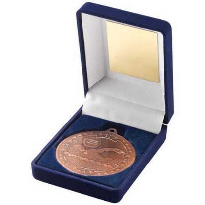 Picture of Blue Velvet Box And 50mm Medal Swimming Trophy Bronze