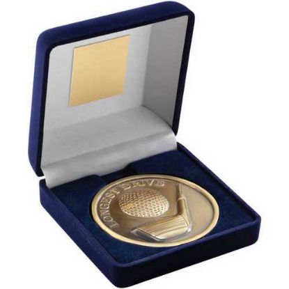 Picture of Blue Velvet Box And 70mm Medallion Golf Trophy Antique Gold Longest Drive