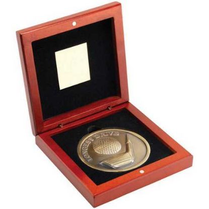 Picture of Rosewood Box And 70mm Medallion Golf Trophy Antique Gold Longest Drive