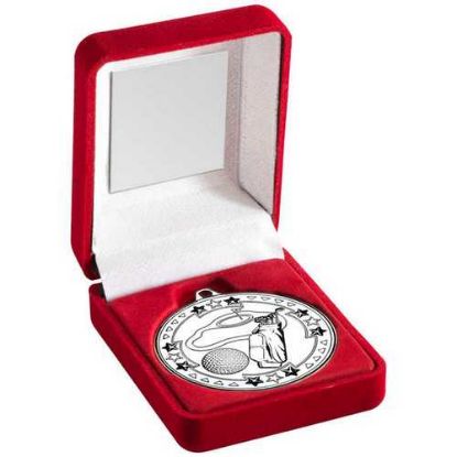Picture of Red Velvet Box And 50mm Medal Golf Trophy Silver