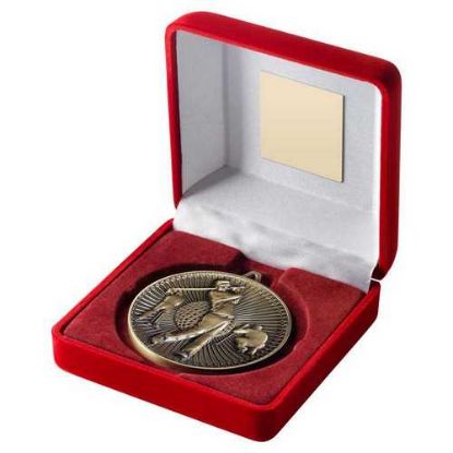 Picture of Red Velvet Box And 60mm Medal Golf Trophy Antique Gold