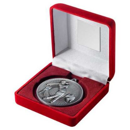 Picture of Red Velvet Box And 60mm Medal Golf Trophy Antique Silver