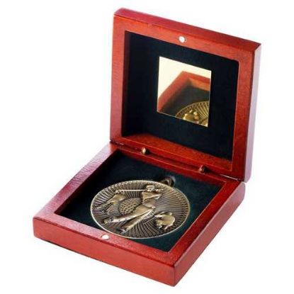 Picture of Rosewood Box And 60mm Medal Golf Trophy Antique Gold