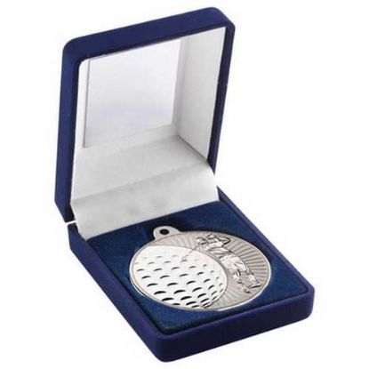 Picture of Blue Velvet Box And 50mm Golf Medal Trophy Matt Silver~silver
