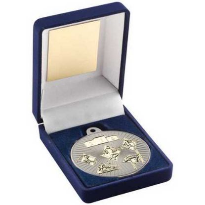 Picture of Blue Velvet Box And 50mm Multi Athletics Medal Trophy Matt Silver~gold