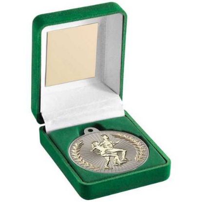 Picture of Green Velvet Box And 50mm Running Medal Trophy Matt Silver~gold