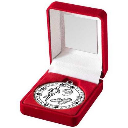Picture of Red Velvet Box And 50mm Medal Running Trophy Silver