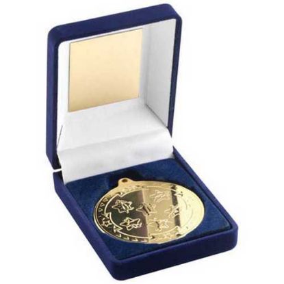 Picture of Blue Velvet Medal Box And 50mm Medal Multi Athletics Trophy Gold