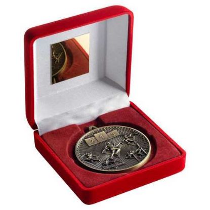 Picture of Red Velvet Box And 60mm Medal Athletics Trophy Antique Gold