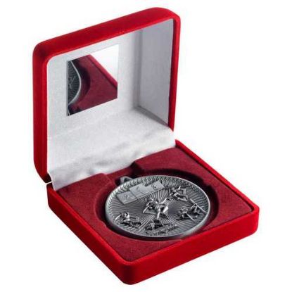 Picture of Red Velvet Box And 60mm Medal Athletics Trophy Antique Silver