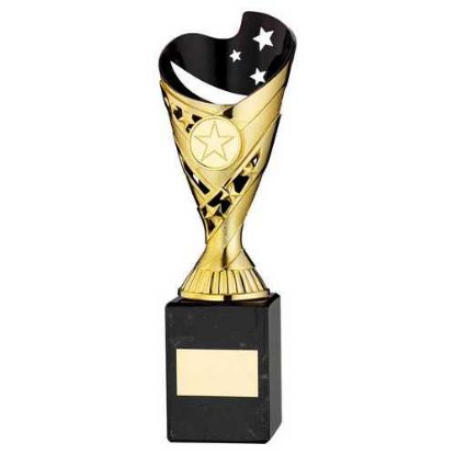 Picture of Gold|blk Plastic Sabre Cup On Blk Marble Assembled Trophy (1" Cen) - 9in