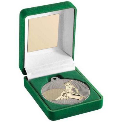 Picture of Green Velvet Box And 50mm Table Tennis Medal Trophy Matt Silver~gold