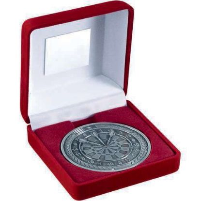 Picture of Red Velvet Box And 70mm Medallion Darts Trophy Antique Silver