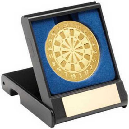 Picture of Black Plastic Box With Darts Insert Trophy Gold
