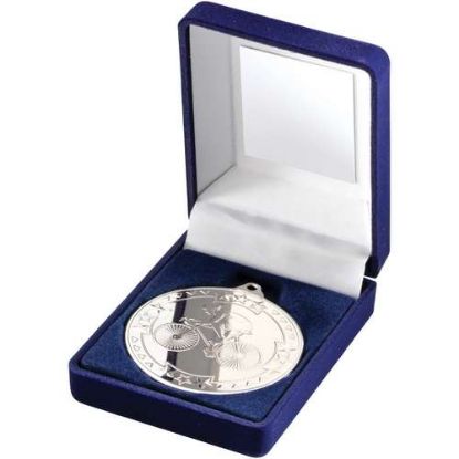 Picture of Blue Velvet Box And 50mm Medal Cycling Trophy Silver