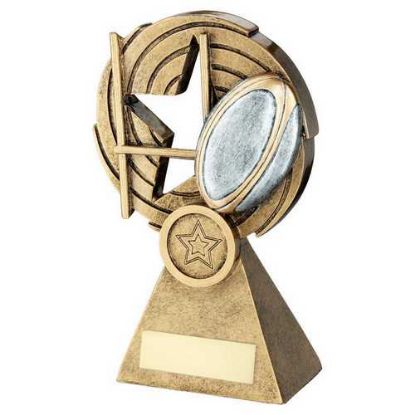 Picture of Brz~pew~gold Rugby Ball And Posts On Holed Spiral With Plate (1in Cen)