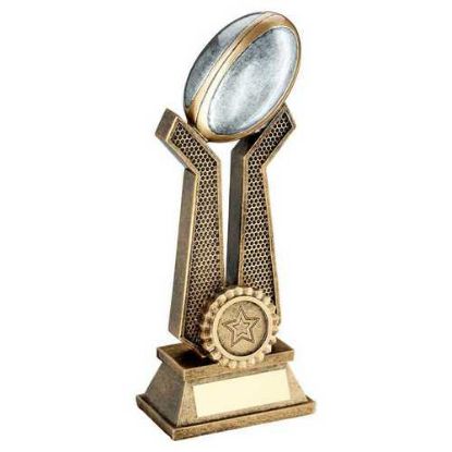 Picture of Brz~pew~gold Rugby Ball On Twin Prongs With Plate (1in Centre)